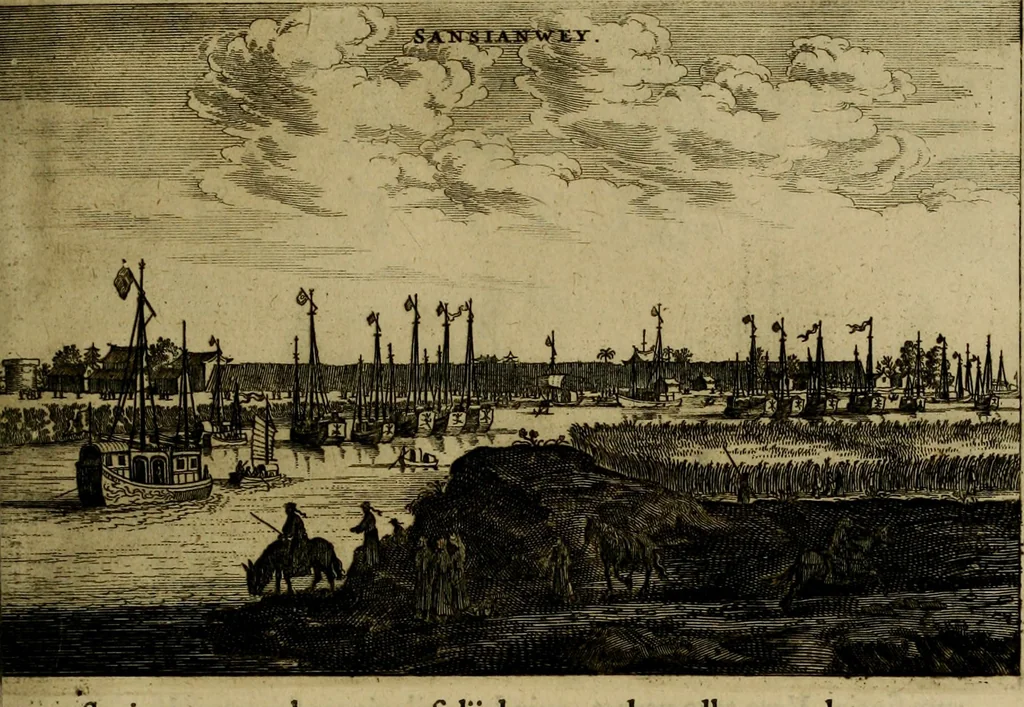 An illustration from Legatio Batavica ad magnum Tartariae chamum Sungteium, modernum Sinae imperatorem : historiarum narratione, quae legatis in provinciis Quantung, Kiangsi, Nanking, Xantung, Peking, & aula imperatoriâ ab anno 1655 ad annum 1657 obtigerunt, ut & ardua Sinensium in bello Tartarico fortunâ, provinciarum accurata geographia, urbium delineatione, nec non artis & naturae miraculis ex animalium, vegetabilium, mineralium genere per centum & quinquaginta aeneas figuras passim illustrata & conscripta vernacule, 1668, leaf 286