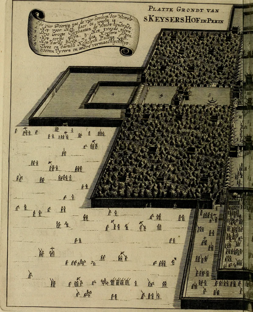 An illustration from Legatio Batavica ad magnum Tartariae chamum Sungteium, modernum Sinae imperatorem : historiarum narratione, quae legatis in provinciis Quantung, Kiangsi, Nanking, Xantung, Peking, & aula imperatoriâ ab anno 1655 ad annum 1657 obtigerunt, ut & ardua Sinensium in bello Tartarico fortunâ, provinciarum accurata geographia, urbium delineatione, nec non artis & naturae miraculis ex animalium, vegetabilium, mineralium genere per centum & quinquaginta aeneas figuras passim illustrata & conscripta vernacule, 1668, leaf 307