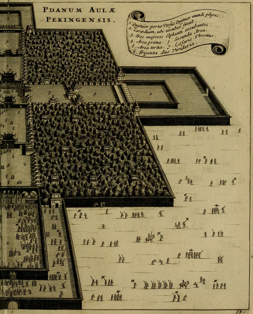 An illustration from Legatio Batavica ad magnum Tartariae chamum Sungteium, modernum Sinae imperatorem : historiarum narratione, quae legatis in provinciis Quantung, Kiangsi, Nanking, Xantung, Peking, & aula imperatoriâ ab anno 1655 ad annum 1657 obtigerunt, ut & ardua Sinensium in bello Tartarico fortunâ, provinciarum accurata geographia, urbium delineatione, nec non artis & naturae miraculis ex animalium, vegetabilium, mineralium genere per centum & quinquaginta aeneas figuras passim illustrata & conscripta vernacule, 1668, leaf 308