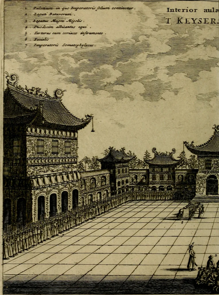 An illustration from Legatio Batavica ad magnum Tartariae chamum Sungteium, modernum Sinae imperatorem : historiarum narratione, quae legatis in provinciis Quantung, Kiangsi, Nanking, Xantung, Peking, & aula imperatoriâ ab anno 1655 ad annum 1657 obtigerunt, ut & ardua Sinensium in bello Tartarico fortunâ, provinciarum accurata geographia, urbium delineatione, nec non artis & naturae miraculis ex animalium, vegetabilium, mineralium genere per centum & quinquaginta aeneas figuras passim illustrata & conscripta vernacule, 1668, leaf 311