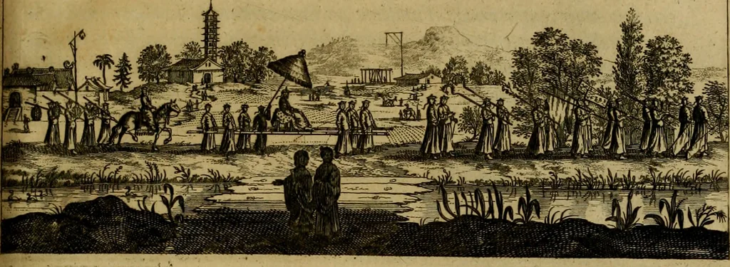 An illustration from Legatio Batavica ad magnum Tartariae chamum Sungteium, modernum Sinae imperatorem : historiarum narratione, quae legatis in provinciis Quantung, Kiangsi, Nanking, Xantung, Peking, & aula imperatoriâ ab anno 1655 ad annum 1657 obtigerunt, ut & ardua Sinensium in bello Tartarico fortunâ, provinciarum accurata geographia, urbium delineatione, nec non artis & naturae miraculis ex animalium, vegetabilium, mineralium genere per centum & quinquaginta aeneas figuras passim illustrata & conscripta vernacule, 1668, leaf 328