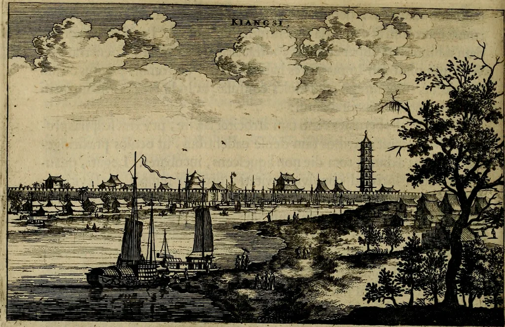 An illustration from Legatio Batavica ad magnum Tartariae chamum Sungteium, modernum Sinae imperatorem : historiarum narratione, quae legatis in provinciis Quantung, Kiangsi, Nanking, Xantung, Peking, & aula imperatoriâ ab anno 1655 ad annum 1657 obtigerunt, ut & ardua Sinensium in bello Tartarico fortunâ, provinciarum accurata geographia, urbium delineatione, nec non artis & naturae miraculis ex animalium, vegetabilium, mineralium genere per centum & quinquaginta aeneas figuras passim illustrata & conscripta vernacule, 1668, leaf 333