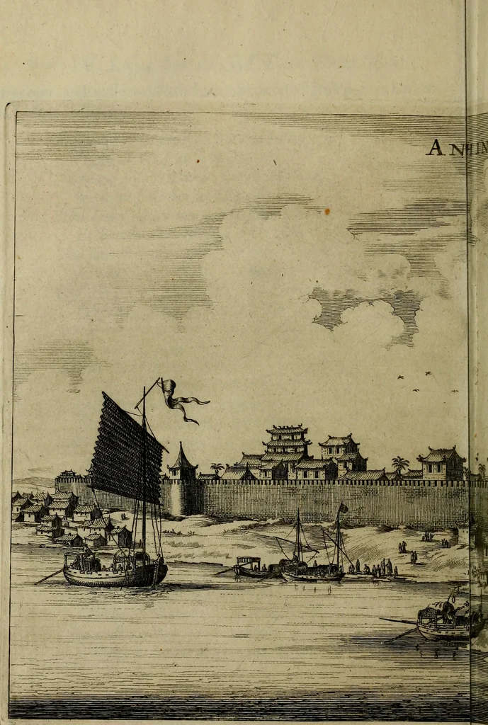 An illustration from Legatio Batavica ad magnum Tartariae chamum Sungteium, modernum Sinae imperatorem : historiarum narratione, quae legatis in provinciis Quantung, Kiangsi, Nanking, Xantung, Peking, & aula imperatoriâ ab anno 1655 ad annum 1657 obtigerunt, ut & ardua Sinensium in bello Tartarico fortunâ, provinciarum accurata geographia, urbium delineatione, nec non artis & naturae miraculis ex animalium, vegetabilium, mineralium genere per centum & quinquaginta aeneas figuras passim illustrata & conscripta vernacule, 1668, leaf 345