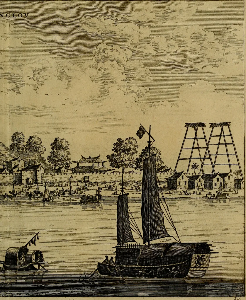 An illustration from Legatio Batavica ad magnum Tartariae chamum Sungteium, modernum Sinae imperatorem : historiarum narratione, quae legatis in provinciis Quantung, Kiangsi, Nanking, Xantung, Peking, & aula imperatoriâ ab anno 1655 ad annum 1657 obtigerunt, ut & ardua Sinensium in bello Tartarico fortunâ, provinciarum accurata geographia, urbium delineatione, nec non artis & naturae miraculis ex animalium, vegetabilium, mineralium genere per centum & quinquaginta aeneas figuras passim illustrata & conscripta vernacule, 1668, leaf 354
