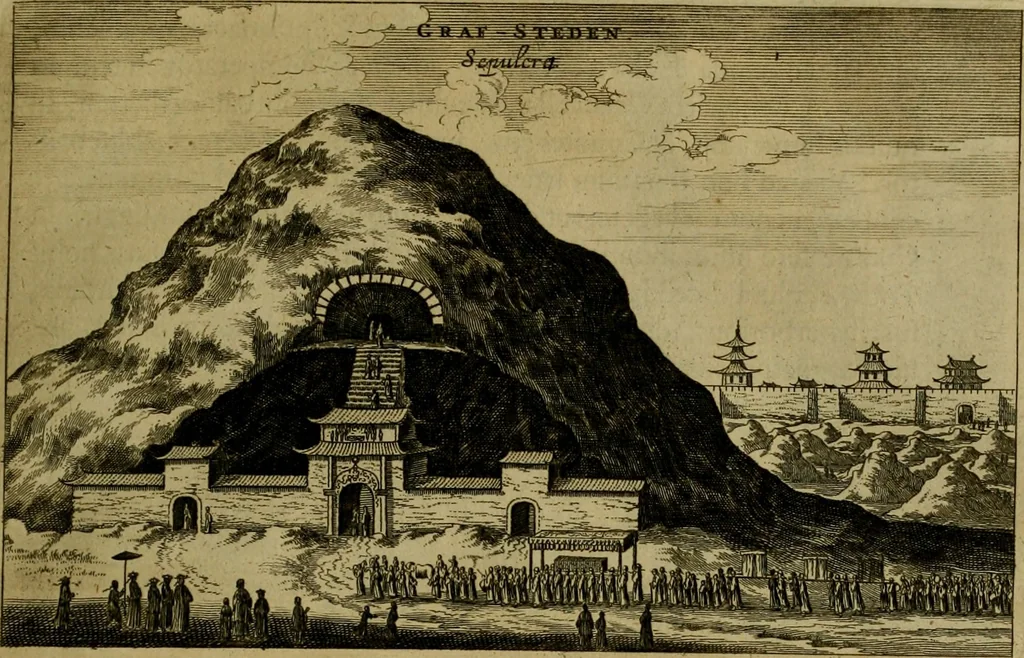 An illustration from Legatio Batavica ad magnum Tartariae chamum Sungteium, modernum Sinae imperatorem : historiarum narratione, quae legatis in provinciis Quantung, Kiangsi, Nanking, Xantung, Peking, & aula imperatoriâ ab anno 1655 ad annum 1657 obtigerunt, ut & ardua Sinensium in bello Tartarico fortunâ, provinciarum accurata geographia, urbium delineatione, nec non artis & naturae miraculis ex animalium, vegetabilium, mineralium genere per centum & quinquaginta aeneas figuras passim illustrata & conscripta vernacule, 1668, leaf 396
