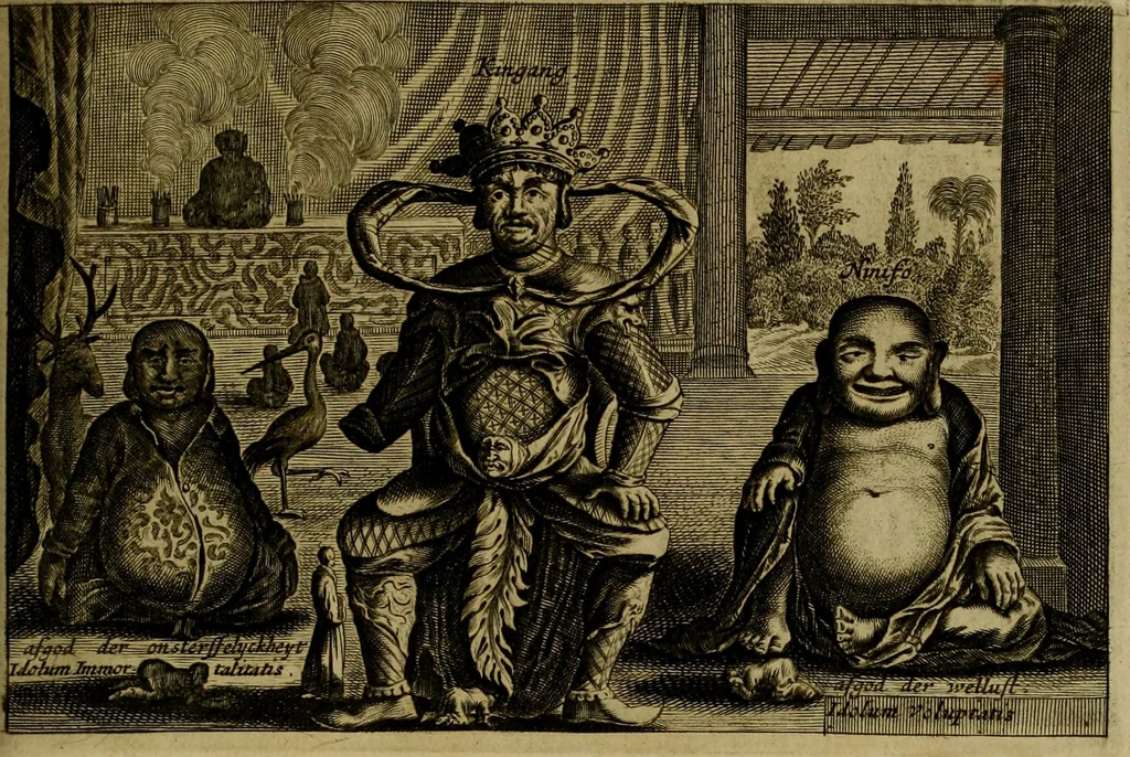 An illustration from Legatio Batavica ad magnum Tartariae chamum Sungteium, modernum Sinae imperatorem : historiarum narratione, quae legatis in provinciis Quantung, Kiangsi, Nanking, Xantung, Peking, & aula imperatoriâ ab anno 1655 ad annum 1657 obtigerunt, ut & ardua Sinensium in bello Tartarico fortunâ, provinciarum accurata geographia, urbium delineatione, nec non artis & naturae miraculis ex animalium, vegetabilium, mineralium genere per centum & quinquaginta aeneas figuras passim illustrata & conscripta vernacule, 1668, leaf 416
