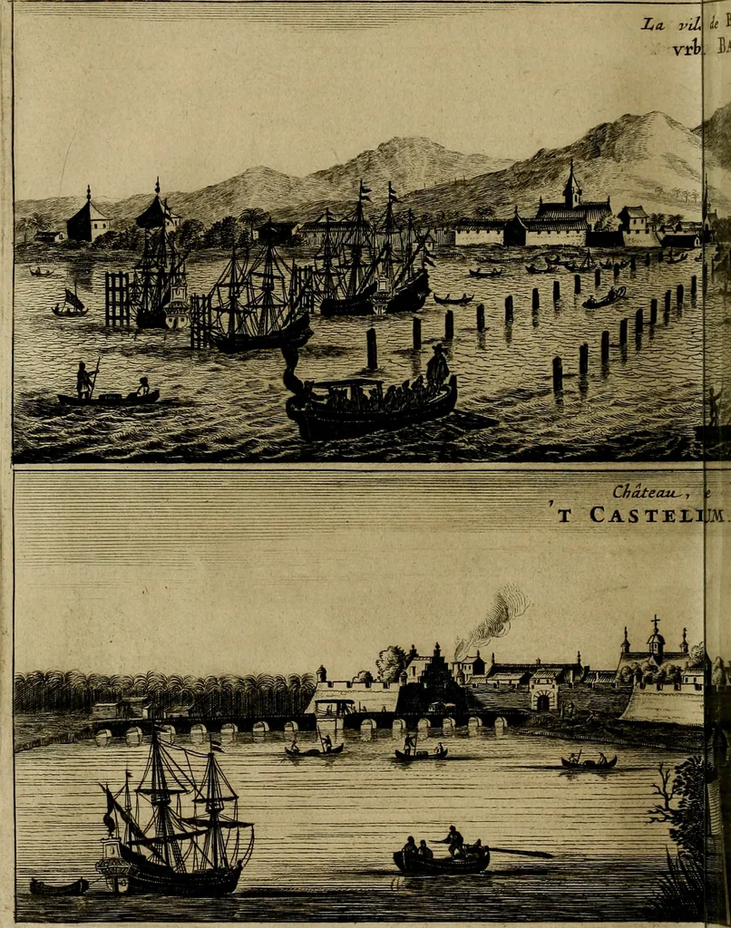 An illustration from Legatio Batavica ad magnum Tartariae chamum Sungteium, modernum Sinae imperatorem : historiarum narratione, quae legatis in provinciis Quantung, Kiangsi, Nanking, Xantung, Peking, & aula imperatoriâ ab anno 1655 ad annum 1657 obtigerunt, ut & ardua Sinensium in bello Tartarico fortunâ, provinciarum accurata geographia, urbium delineatione, nec non artis & naturae miraculis ex animalium, vegetabilium, mineralium genere per centum & quinquaginta aeneas figuras passim illustrata & conscripta vernacule, 1668, leaf 55