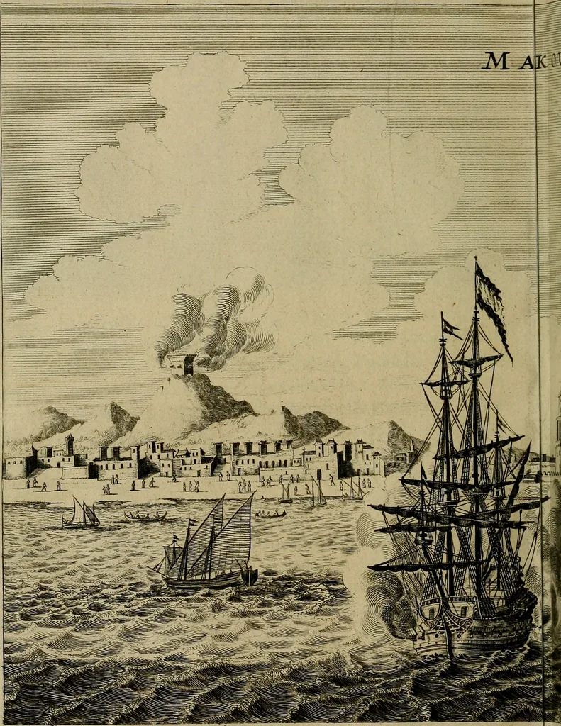 An illustration from Legatio Batavica ad magnum Tartariae chamum Sungteium, modernum Sinae imperatorem : historiarum narratione, quae legatis in provinciis Quantung, Kiangsi, Nanking, Xantung, Peking, & aula imperatoriâ ab anno 1655 ad annum 1657 obtigerunt, ut & ardua Sinensium in bello Tartarico fortunâ, provinciarum accurata geographia, urbium delineatione, nec non artis & naturae miraculis ex animalium, vegetabilium, mineralium genere per centum & quinquaginta aeneas figuras passim illustrata & conscripta vernacule, 1668, leaf 63