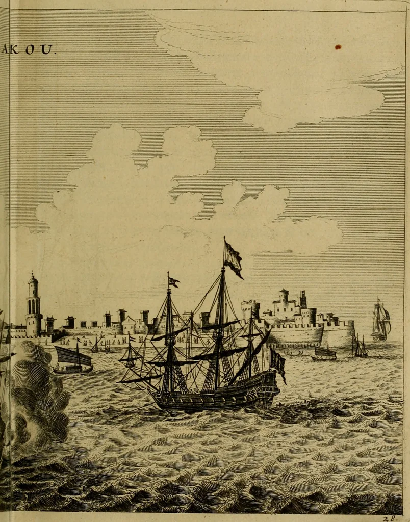 An illustration from Legatio Batavica ad magnum Tartariae chamum Sungteium, modernum Sinae imperatorem : historiarum narratione, quae legatis in provinciis Quantung, Kiangsi, Nanking, Xantung, Peking, & aula imperatoriâ ab anno 1655 ad annum 1657 obtigerunt, ut & ardua Sinensium in bello Tartarico fortunâ, provinciarum accurata geographia, urbium delineatione, nec non artis & naturae miraculis ex animalium, vegetabilium, mineralium genere per centum & quinquaginta aeneas figuras passim illustrata & conscripta vernacule, 1668, leaf 64