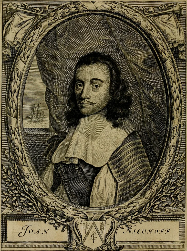 An illustration from Legatio Batavica ad magnum Tartariae chamum Sungteium, modernum Sinae imperatorem : historiarum narratione, quae legatis in provinciis Quantung, Kiangsi, Nanking, Xantung, Peking, & aula imperatoriâ ab anno 1655 ad annum 1657 obtigerunt, ut & ardua Sinensium in bello Tartarico fortunâ, provinciarum accurata geographia, urbium delineatione, nec non artis & naturae miraculis ex animalium, vegetabilium, mineralium genere per centum & quinquaginta aeneas figuras passim illustrata & conscripta vernacule, 1668, leaf 7