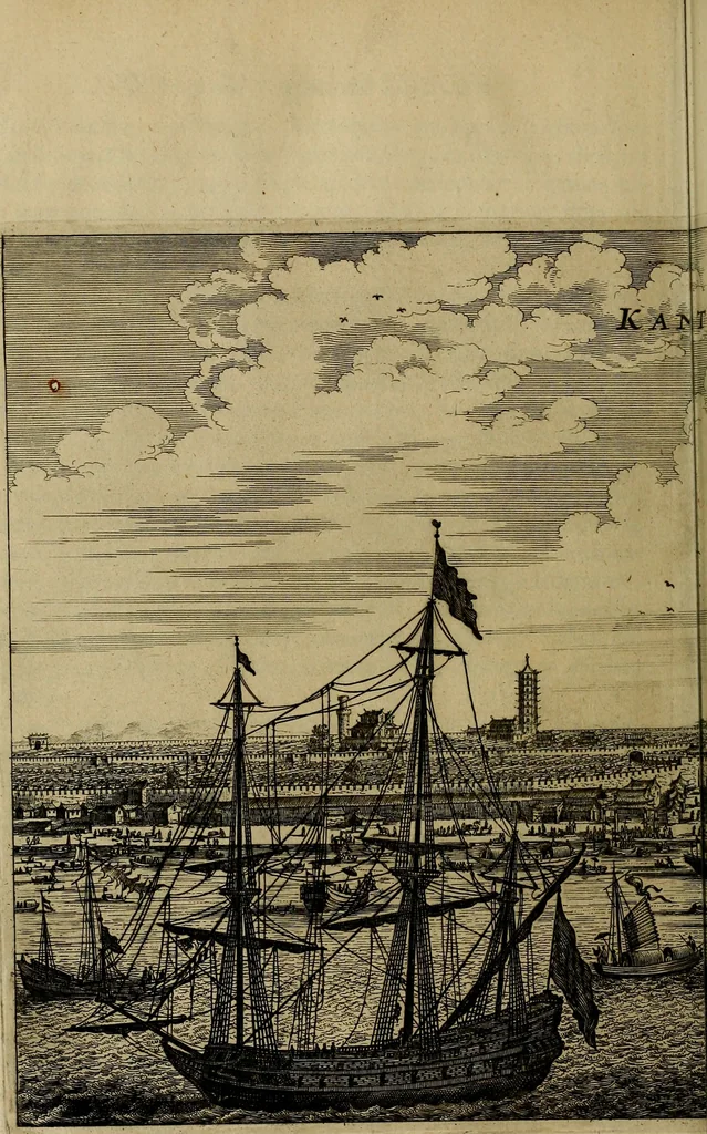 An illustration from Legatio Batavica ad magnum Tartariae chamum Sungteium, modernum Sinae imperatorem : historiarum narratione, quae legatis in provinciis Quantung, Kiangsi, Nanking, Xantung, Peking, & aula imperatoriâ ab anno 1655 ad annum 1657 obtigerunt, ut & ardua Sinensium in bello Tartarico fortunâ, provinciarum accurata geographia, urbium delineatione, nec non artis & naturae miraculis ex animalium, vegetabilium, mineralium genere per centum & quinquaginta aeneas figuras passim illustrata & conscripta vernacule, 1668, leaf 73
