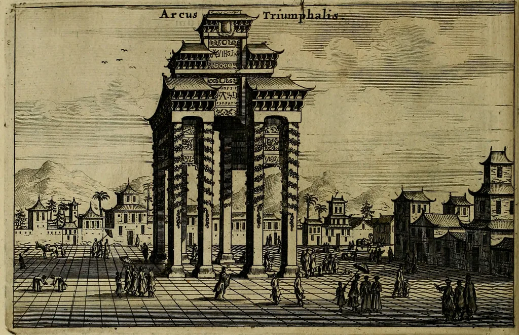 An illustration from Legatio Batavica ad magnum Tartariae chamum Sungteium, modernum Sinae imperatorem : historiarum narratione, quae legatis in provinciis Quantung, Kiangsi, Nanking, Xantung, Peking, & aula imperatoriâ ab anno 1655 ad annum 1657 obtigerunt, ut & ardua Sinensium in bello Tartarico fortunâ, provinciarum accurata geographia, urbium delineatione, nec non artis & naturae miraculis ex animalium, vegetabilium, mineralium genere per centum & quinquaginta aeneas figuras passim illustrata & conscripta vernacule, 1668, leaf 77