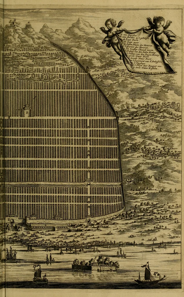 An illustration from Legatio Batavica ad magnum Tartariae chamum Sungteium, modernum Sinae imperatorem : historiarum narratione, quae legatis in provinciis Quantung, Kiangsi, Nanking, Xantung, Peking, & aula imperatoriâ ab anno 1655 ad annum 1657 obtigerunt, ut & ardua Sinensium in bello Tartarico fortunâ, provinciarum accurata geographia, urbium delineatione, nec non artis & naturae miraculis ex animalium, vegetabilium, mineralium genere per centum & quinquaginta aeneas figuras passim illustrata & conscripta vernacule, 1668, leaf 80