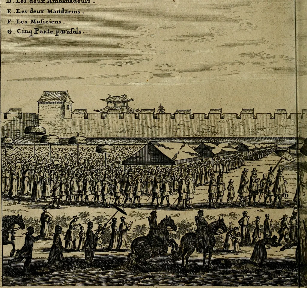 An illustration from Legatio Batavica ad magnum Tartariae chamum Sungteium, modernum Sinae imperatorem : historiarum narratione, quae legatis in provinciis Quantung, Kiangsi, Nanking, Xantung, Peking, & aula imperatoriâ ab anno 1655 ad annum 1657 obtigerunt, ut & ardua Sinensium in bello Tartarico fortunâ, provinciarum accurata geographia, urbium delineatione, nec non artis & naturae miraculis ex animalium, vegetabilium, mineralium genere per centum & quinquaginta aeneas figuras passim illustrata & conscripta vernacule, 1668, leaf 85