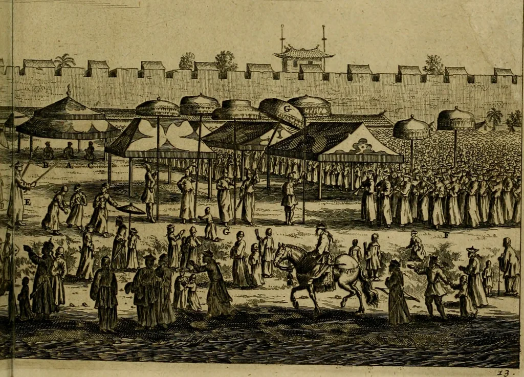 An illustration from Legatio Batavica ad magnum Tartariae chamum Sungteium, modernum Sinae imperatorem : historiarum narratione, quae legatis in provinciis Quantung, Kiangsi, Nanking, Xantung, Peking, & aula imperatoriâ ab anno 1655 ad annum 1657 obtigerunt, ut & ardua Sinensium in bello Tartarico fortunâ, provinciarum accurata geographia, urbium delineatione, nec non artis & naturae miraculis ex animalium, vegetabilium, mineralium genere per centum & quinquaginta aeneas figuras passim illustrata & conscripta vernacule, 1668, leaf 86