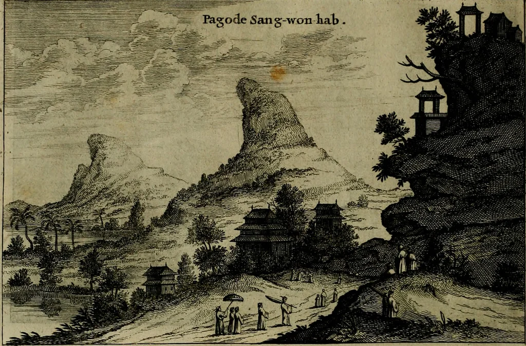 An illustration from Legatio Batavica ad magnum Tartariae chamum Sungteium, modernum Sinae imperatorem : historiarum narratione, quae legatis in provinciis Quantung, Kiangsi, Nanking, Xantung, Peking, & aula imperatoriâ ab anno 1655 ad annum 1657 obtigerunt, ut & ardua Sinensium in bello Tartarico fortunâ, provinciarum accurata geographia, urbium delineatione, nec non artis & naturae miraculis ex animalium, vegetabilium, mineralium genere per centum & quinquaginta aeneas figuras passim illustrata & conscripta vernacule, 1668, leaf 99