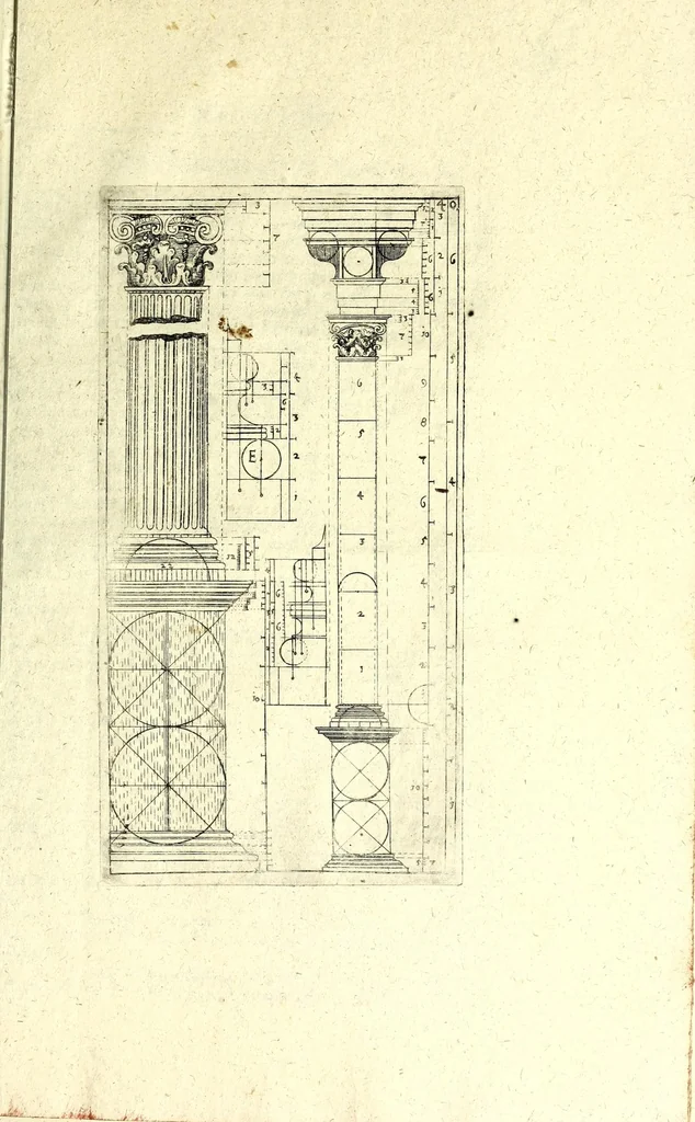 An illustration from Bau-Kunst, das ist, Künstliche und gründliche Beschreibung von dem Gebrauch der Fünff Säulen : aus rechtem Fundament mit allerhand schönen Gesimsern und Capitälen, auch wie man sich mit den Säulen, nach Gelegenheit dess Platzes verhalten soll, welches alle Werckmeister sollen wol ergründen recht zusammen setzen, damit der Bau-Kunst zierlich und nutzlich mit ihrem Lob und Vortheil könne gebraucht werden ... mit den darzu gehörigen Figuren, 1671, leaf 101