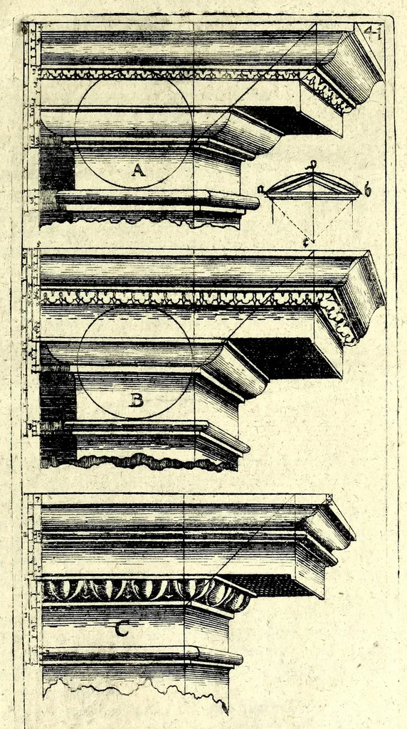 An illustration from Bau-Kunst, das ist, Künstliche und gründliche Beschreibung von dem Gebrauch der Fünff Säulen : aus rechtem Fundament mit allerhand schönen Gesimsern und Capitälen, auch wie man sich mit den Säulen, nach Gelegenheit dess Platzes verhalten soll, welches alle Werckmeister sollen wol ergründen recht zusammen setzen, damit der Bau-Kunst zierlich und nutzlich mit ihrem Lob und Vortheil könne gebraucht werden ... mit den darzu gehörigen Figuren, 1671, leaf 105