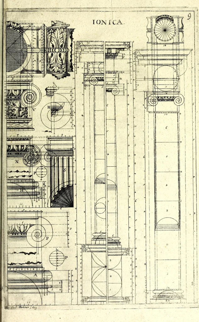 An illustration from Bau-Kunst, das ist, Künstliche und gründliche Beschreibung von dem Gebrauch der Fünff Säulen : aus rechtem Fundament mit allerhand schönen Gesimsern und Capitälen, auch wie man sich mit den Säulen, nach Gelegenheit dess Platzes verhalten soll, welches alle Werckmeister sollen wol ergründen recht zusammen setzen, damit der Bau-Kunst zierlich und nutzlich mit ihrem Lob und Vortheil könne gebraucht werden ... mit den darzu gehörigen Figuren, 1671, leaf 31