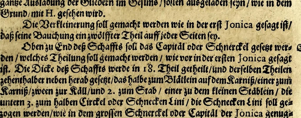 An illustration from Bau-Kunst, das ist, Künstliche und gründliche Beschreibung von dem Gebrauch der Fünff Säulen : aus rechtem Fundament mit allerhand schönen Gesimsern und Capitälen, auch wie man sich mit den Säulen, nach Gelegenheit dess Platzes verhalten soll, welches alle Werckmeister sollen wol ergründen recht zusammen setzen, damit der Bau-Kunst zierlich und nutzlich mit ihrem Lob und Vortheil könne gebraucht werden ... mit den darzu gehörigen Figuren, 1671, leaf 35