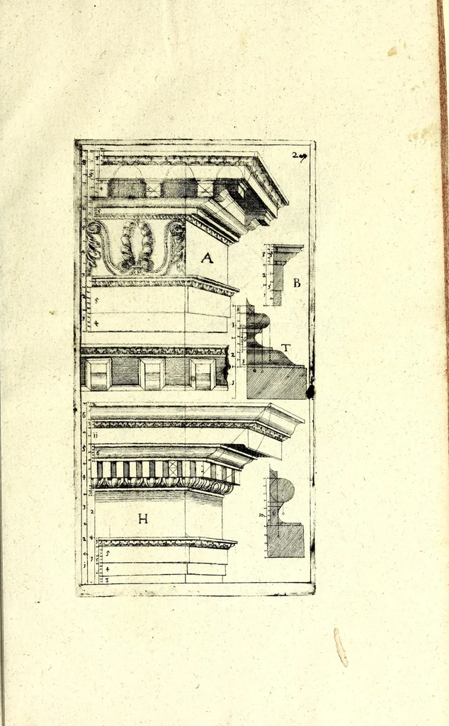 An illustration from Bau-Kunst, das ist, Künstliche und gründliche Beschreibung von dem Gebrauch der Fünff Säulen : aus rechtem Fundament mit allerhand schönen Gesimsern und Capitälen, auch wie man sich mit den Säulen, nach Gelegenheit dess Platzes verhalten soll, welches alle Werckmeister sollen wol ergründen recht zusammen setzen, damit der Bau-Kunst zierlich und nutzlich mit ihrem Lob und Vortheil könne gebraucht werden ... mit den darzu gehörigen Figuren, 1671, leaf 49