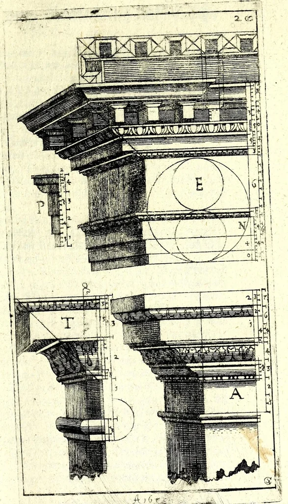 An illustration from Bau-Kunst, das ist, Künstliche und gründliche Beschreibung von dem Gebrauch der Fünff Säulen : aus rechtem Fundament mit allerhand schönen Gesimsern und Capitälen, auch wie man sich mit den Säulen, nach Gelegenheit dess Platzes verhalten soll, welches alle Werckmeister sollen wol ergründen recht zusammen setzen, damit der Bau-Kunst zierlich und nutzlich mit ihrem Lob und Vortheil könne gebraucht werden ... mit den darzu gehörigen Figuren, 1671, leaf 51