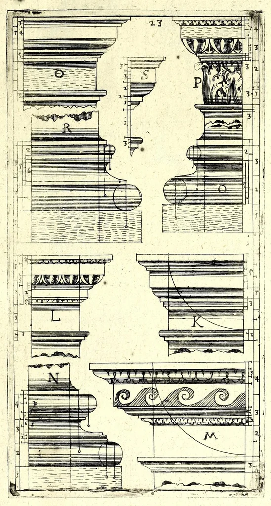 An illustration from Bau-Kunst, das ist, Künstliche und gründliche Beschreibung von dem Gebrauch der Fünff Säulen : aus rechtem Fundament mit allerhand schönen Gesimsern und Capitälen, auch wie man sich mit den Säulen, nach Gelegenheit dess Platzes verhalten soll, welches alle Werckmeister sollen wol ergründen recht zusammen setzen, damit der Bau-Kunst zierlich und nutzlich mit ihrem Lob und Vortheil könne gebraucht werden ... mit den darzu gehörigen Figuren, 1671, leaf 55