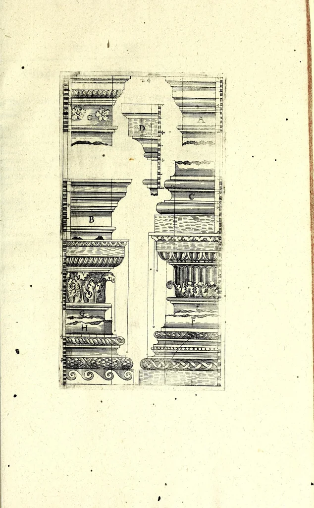 An illustration from Bau-Kunst, das ist, Künstliche und gründliche Beschreibung von dem Gebrauch der Fünff Säulen : aus rechtem Fundament mit allerhand schönen Gesimsern und Capitälen, auch wie man sich mit den Säulen, nach Gelegenheit dess Platzes verhalten soll, welches alle Werckmeister sollen wol ergründen recht zusammen setzen, damit der Bau-Kunst zierlich und nutzlich mit ihrem Lob und Vortheil könne gebraucht werden ... mit den darzu gehörigen Figuren, 1671, leaf 65