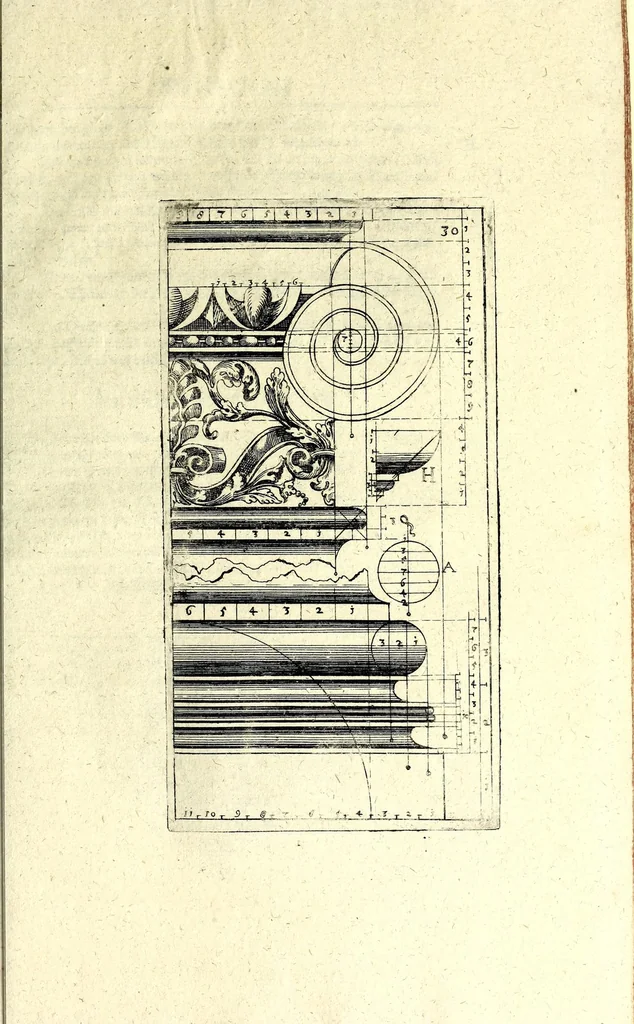 An illustration from Bau-Kunst, das ist, Künstliche und gründliche Beschreibung von dem Gebrauch der Fünff Säulen : aus rechtem Fundament mit allerhand schönen Gesimsern und Capitälen, auch wie man sich mit den Säulen, nach Gelegenheit dess Platzes verhalten soll, welches alle Werckmeister sollen wol ergründen recht zusammen setzen, damit der Bau-Kunst zierlich und nutzlich mit ihrem Lob und Vortheil könne gebraucht werden ... mit den darzu gehörigen Figuren, 1671, leaf 77