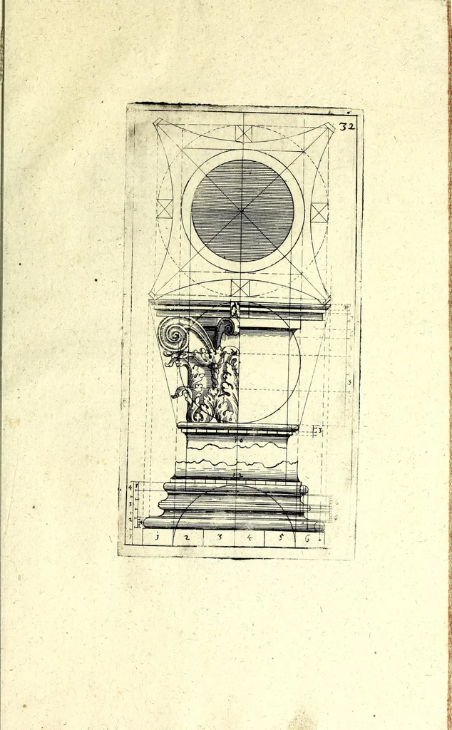 An illustration from Bau-Kunst, das ist, Künstliche und gründliche Beschreibung von dem Gebrauch der Fünff Säulen : aus rechtem Fundament mit allerhand schönen Gesimsern und Capitälen, auch wie man sich mit den Säulen, nach Gelegenheit dess Platzes verhalten soll, welches alle Werckmeister sollen wol ergründen recht zusammen setzen, damit der Bau-Kunst zierlich und nutzlich mit ihrem Lob und Vortheil könne gebraucht werden ... mit den darzu gehörigen Figuren, 1671, leaf 81