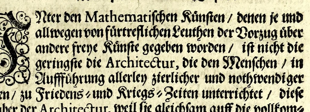 An illustration from Bau-Kunst, das ist, Künstliche und gründliche Beschreibung von dem Gebrauch der Fünff Säulen : aus rechtem Fundament mit allerhand schönen Gesimsern und Capitälen, auch wie man sich mit den Säulen, nach Gelegenheit dess Platzes verhalten soll, welches alle Werckmeister sollen wol ergründen recht zusammen setzen, damit der Bau-Kunst zierlich und nutzlich mit ihrem Lob und Vortheil könne gebraucht werden ... mit den darzu gehörigen Figuren, 1671, leaf 9