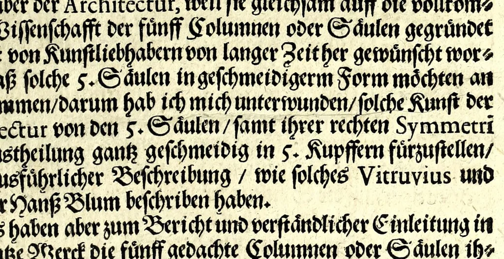 An illustration from Bau-Kunst, das ist, Künstliche und gründliche Beschreibung von dem Gebrauch der Fünff Säulen : aus rechtem Fundament mit allerhand schönen Gesimsern und Capitälen, auch wie man sich mit den Säulen, nach Gelegenheit dess Platzes verhalten soll, welches alle Werckmeister sollen wol ergründen recht zusammen setzen, damit der Bau-Kunst zierlich und nutzlich mit ihrem Lob und Vortheil könne gebraucht werden ... mit den darzu gehörigen Figuren, 1671, leaf 9