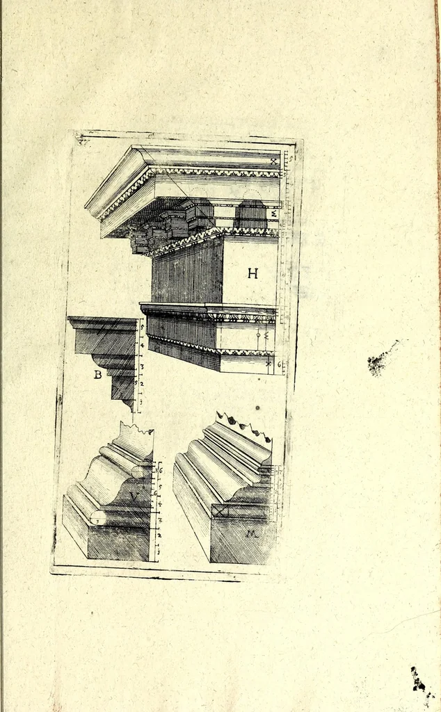 An illustration from Bau-Kunst, das ist, Künstliche und gründliche Beschreibung von dem Gebrauch der Fünff Säulen : aus rechtem Fundament mit allerhand schönen Gesimsern und Capitälen, auch wie man sich mit den Säulen, nach Gelegenheit dess Platzes verhalten soll, welches alle Werckmeister sollen wol ergründen recht zusammen setzen, damit der Bau-Kunst zierlich und nutzlich mit ihrem Lob und Vortheil könne gebraucht werden ... mit den darzu gehörigen Figuren, 1671, leaf 91