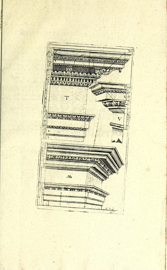 An illustration from Bau-Kunst, das ist, Künstliche und gründliche Beschreibung von dem Gebrauch der Fünff Säulen : aus rechtem Fundament mit allerhand schönen Gesimsern und Capitälen, auch wie man sich mit den Säulen, nach Gelegenheit dess Platzes verhalten soll, welches alle Werckmeister sollen wol ergründen recht zusammen setzen, damit der Bau-Kunst zierlich und nutzlich mit ihrem Lob und Vortheil könne gebraucht werden ... mit den darzu gehörigen Figuren, 1671, leaf 93