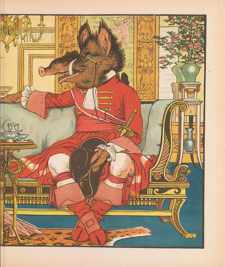 An illustration from Beauty and the beast picture book : containing Beauty and the beast, The frog prince, and The hind in the wood : with eighteen coloured pictures, 1900, leaf 15