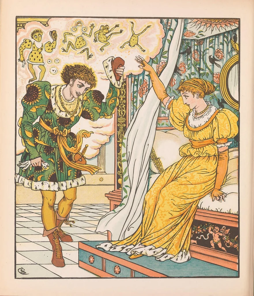 An illustration from Beauty and the beast picture book : containing Beauty and the beast, The frog prince, and The hind in the wood : with eighteen coloured pictures, 1900, leaf 48