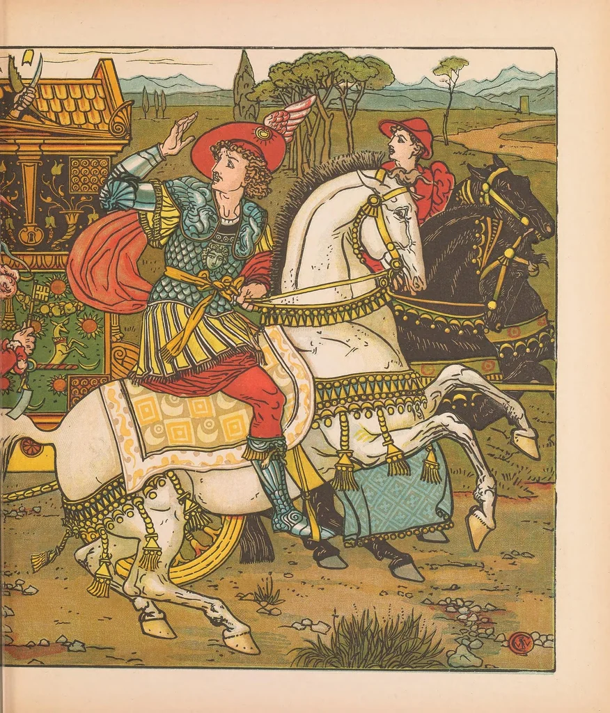 An illustration from Beauty and the beast picture book : containing Beauty and the beast, The frog prince, and The hind in the wood : with eighteen coloured pictures, 1900, leaf 71