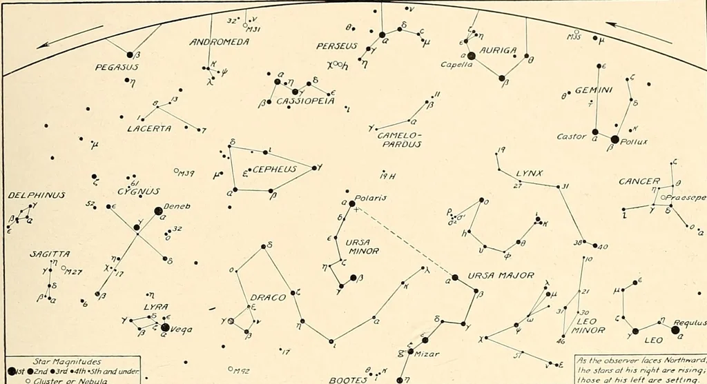 An illustration from A beginner's star-book; an easy guide to the stars and to the astronomical uses of the opera-glass, the field-glass and the telescope, 1912, leaf 52