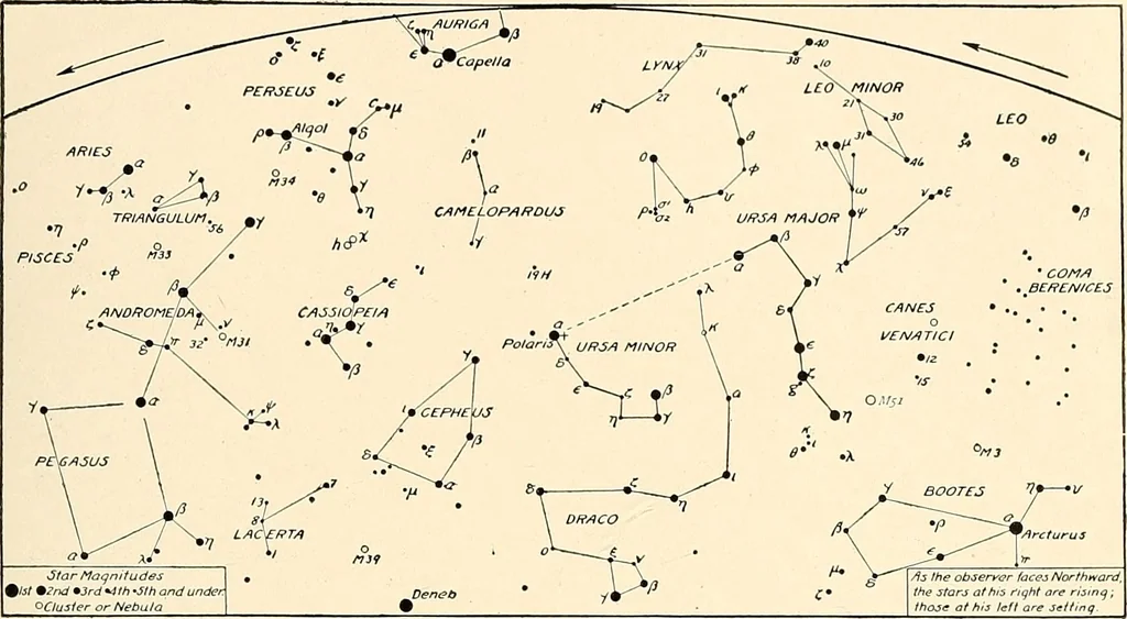 An illustration from A beginner's star-book; an easy guide to the stars and to the astronomical uses of the opera-glass, the field-glass and the telescope, 1912, leaf 56