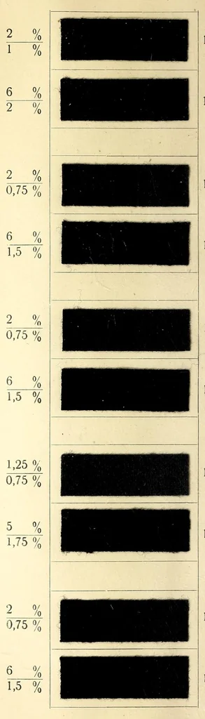 An illustration from Beizen- und Nuancierungsfarbstoffe auf Stückware = Mordant colours on piece goods and suitable shading colours = Colorants pour mordants et à nuancer sur tissu de laine, 1890, leaf 28
