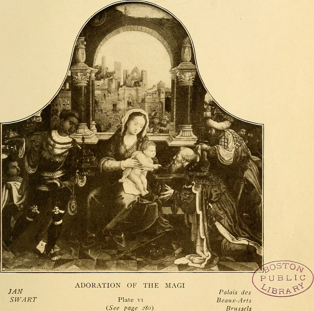 An illustration from The Belgian galleries : being a history of the Flemish school of painting, illuminated and demonstrated by critical descriptions of the great paintings in Bruges, Antwerp, Ghent, Brussels and other Belgian cities, 1912, leaf 62