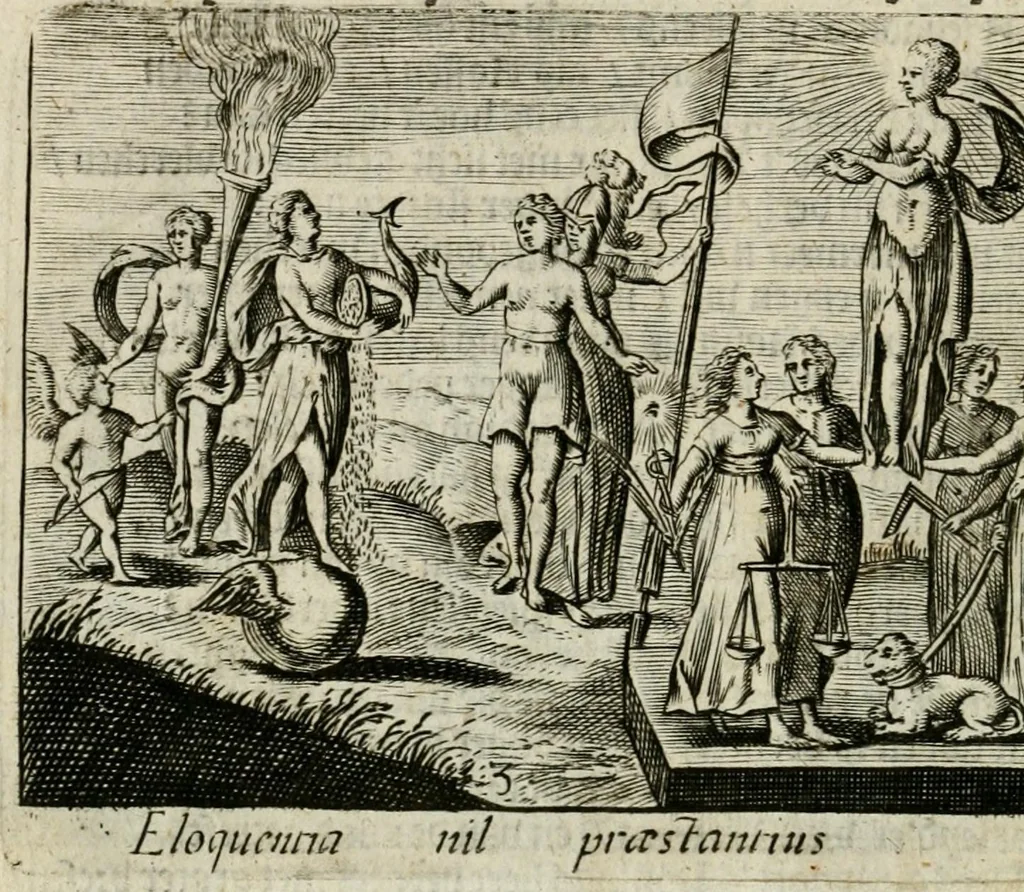 An illustration from Bellerophon, of, Lust tot wysheyt : door sinne-beelden leerlijck vertoont : waer by gevoegt zijn de vrolijcke stemmen, of, stichtige en vermaeckelijcke liedekens en dicten, genomen uyt de geoorolofde vrolickheyd, tot opweckinge der goede zeden : waer by noch konnen gebonden werden, het tweede deel Urania of hemel-sang, als mede het derde deel, Ghesang der Zeden, van den selfden auteur ..., 1695, leaf 22