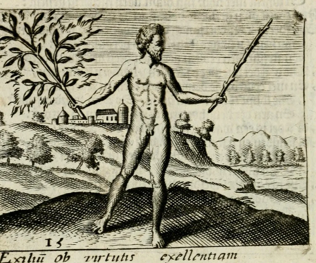 An illustration from Bellerophon, of, Lust tot wysheyt : door sinne-beelden leerlijck vertoont : waer by gevoegt zijn de vrolijcke stemmen, of, stichtige en vermaeckelijcke liedekens en dicten, genomen uyt de geoorolofde vrolickheyd, tot opweckinge der goede zeden : waer by noch konnen gebonden werden, het tweede deel Urania of hemel-sang, als mede het derde deel, Ghesang der Zeden, van den selfden auteur ..., 1695, leaf 42