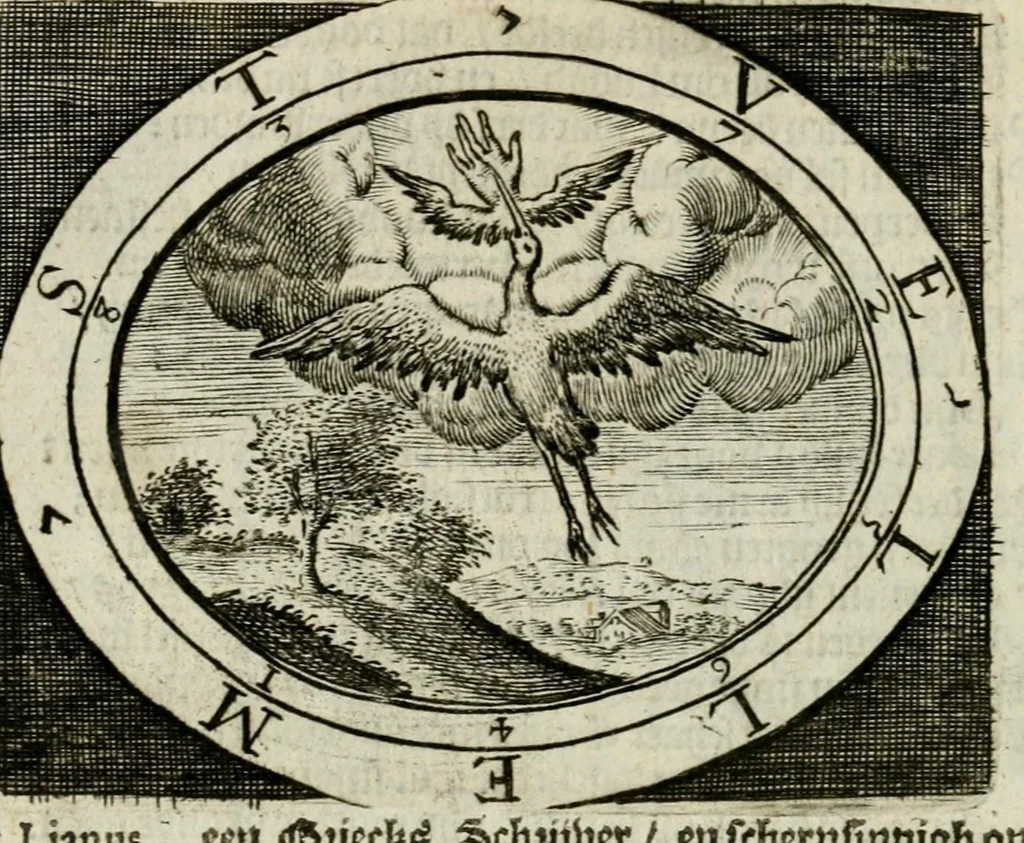 An illustration from Bellerophon, of, Lust tot wysheyt : door sinne-beelden leerlijck vertoont : waer by gevoegt zijn de vrolijcke stemmen, of, stichtige en vermaeckelijcke liedekens en dicten, genomen uyt de geoorolofde vrolickheyd, tot opweckinge der goede zeden : waer by noch konnen gebonden werden, het tweede deel Urania of hemel-sang, als mede het derde deel, Ghesang der Zeden, van den selfden auteur ..., 1695, leaf 46