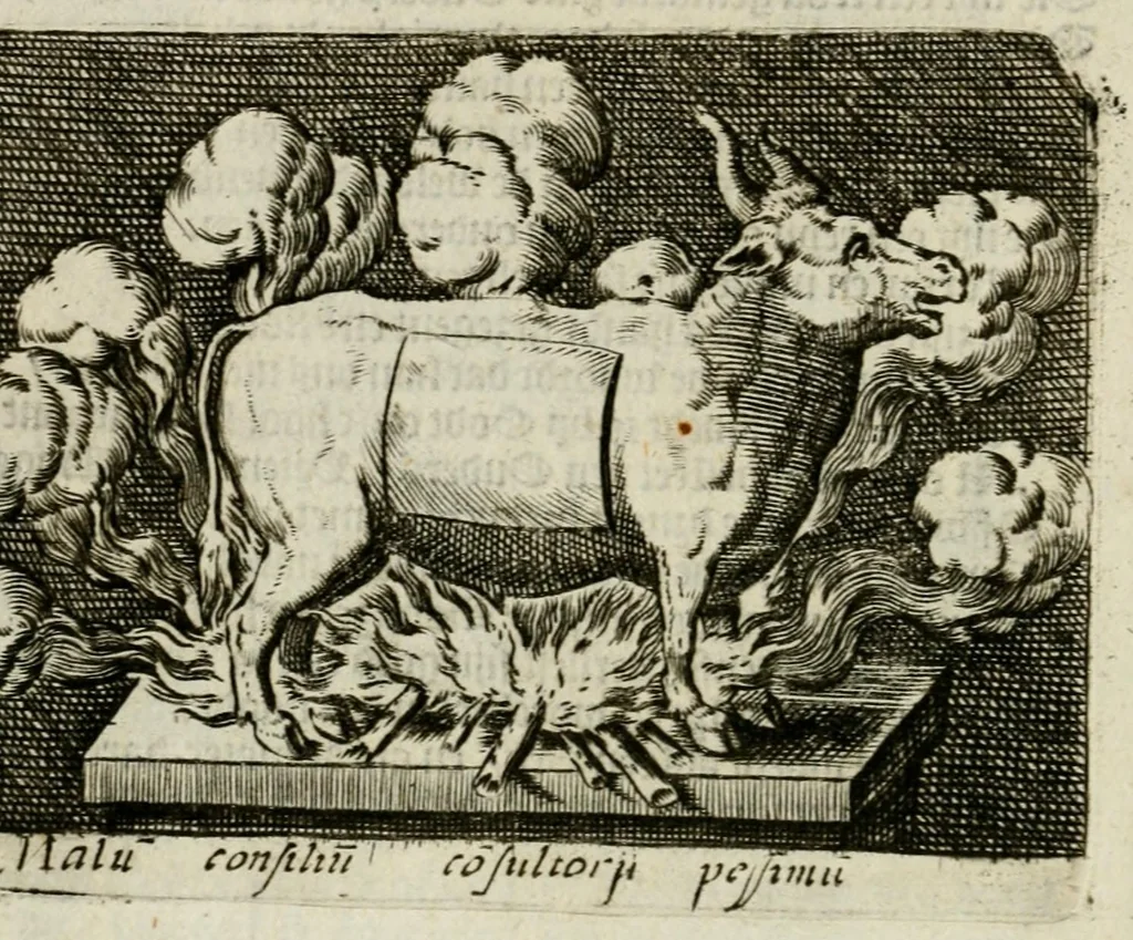 An illustration from Bellerophon, of, Lust tot wysheyt : door sinne-beelden leerlijck vertoont : waer by gevoegt zijn de vrolijcke stemmen, of, stichtige en vermaeckelijcke liedekens en dicten, genomen uyt de geoorolofde vrolickheyd, tot opweckinge der goede zeden : waer by noch konnen gebonden werden, het tweede deel Urania of hemel-sang, als mede het derde deel, Ghesang der Zeden, van den selfden auteur ..., 1695, leaf 48