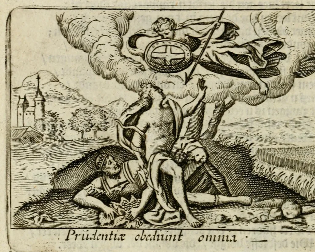 An illustration from Bellerophon, of, Lust tot wysheyt : door sinne-beelden leerlijck vertoont : waer by gevoegt zijn de vrolijcke stemmen, of, stichtige en vermaeckelijcke liedekens en dicten, genomen uyt de geoorolofde vrolickheyd, tot opweckinge der goede zeden : waer by noch konnen gebonden werden, het tweede deel Urania of hemel-sang, als mede het derde deel, Ghesang der Zeden, van den selfden auteur ..., 1695, leaf 54