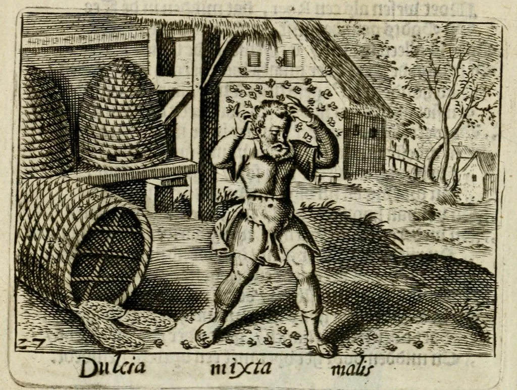 An illustration from Bellerophon, of, Lust tot wysheyt : door sinne-beelden leerlijck vertoont : waer by gevoegt zijn de vrolijcke stemmen, of, stichtige en vermaeckelijcke liedekens en dicten, genomen uyt de geoorolofde vrolickheyd, tot opweckinge der goede zeden : waer by noch konnen gebonden werden, het tweede deel Urania of hemel-sang, als mede het derde deel, Ghesang der Zeden, van den selfden auteur ..., 1695, leaf 64