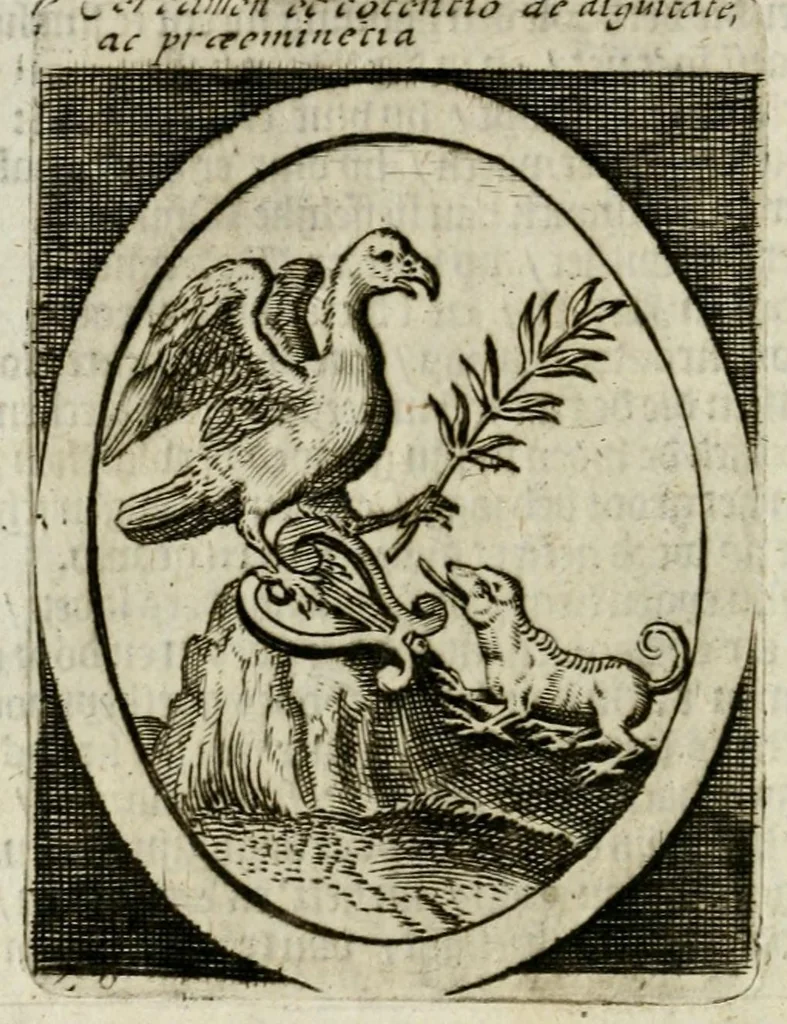An illustration from Bellerophon, of, Lust tot wysheyt : door sinne-beelden leerlijck vertoont : waer by gevoegt zijn de vrolijcke stemmen, of, stichtige en vermaeckelijcke liedekens en dicten, genomen uyt de geoorolofde vrolickheyd, tot opweckinge der goede zeden : waer by noch konnen gebonden werden, het tweede deel Urania of hemel-sang, als mede het derde deel, Ghesang der Zeden, van den selfden auteur ..., 1695, leaf 66