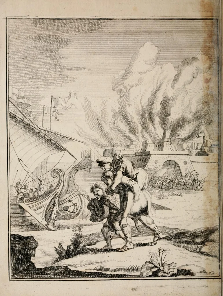 An illustration from Bellum et excidium Trojanum ex antiqvitatum reliqviis, 1699, leaf 8