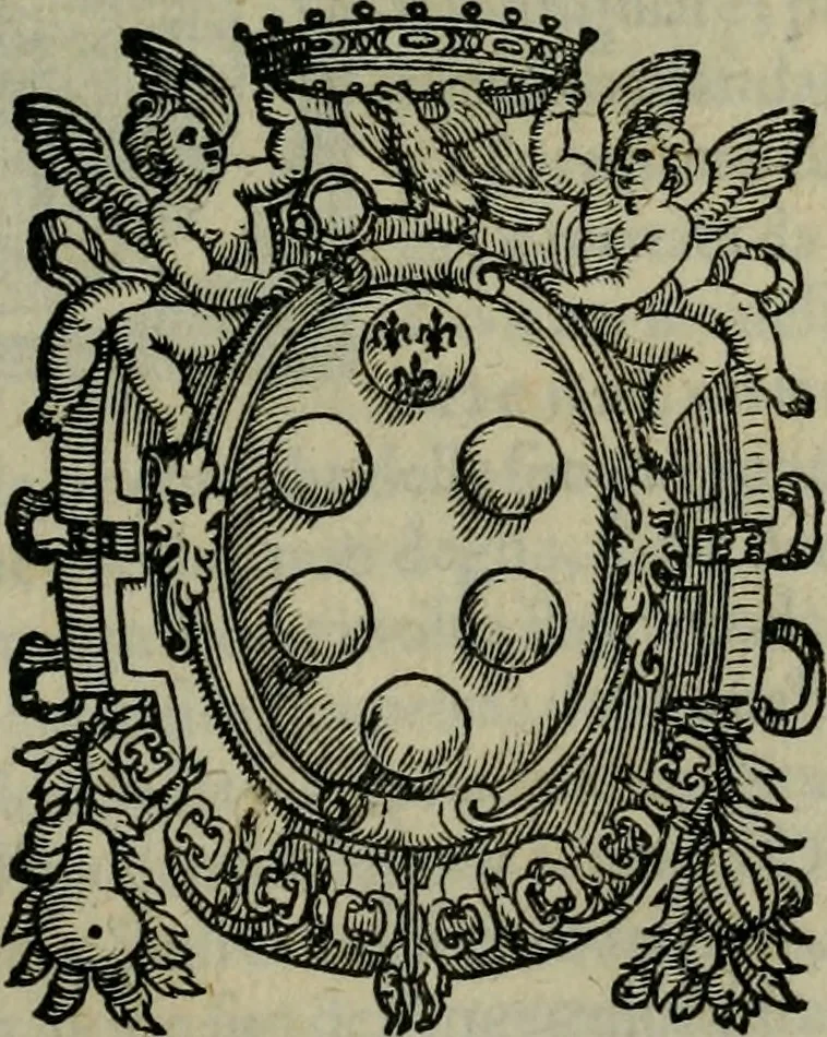 An illustration from Orazione fvnerale di m. Benedetto Varchi : fatta, e recitata da lui pubblicamente nell'essequie di Michelagnolo Bvonarroti in Firenze, nella chiesa di San Lorenzo .., 1564, leaf 8